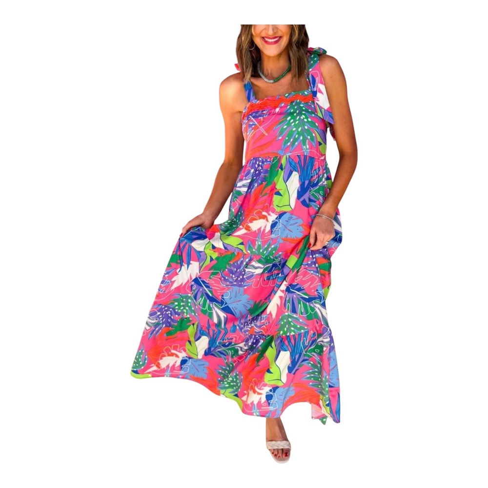 Umgee USA Tropical Floral Maxi Dress Pink Blue Green Ric-Rac‎ Tie Strap Medium